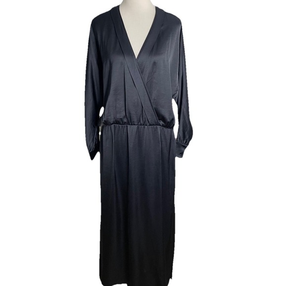Worth New York Midi Dress Satin Navy Blue‎ Faux Wrap V-neck Long Sleeve Size 14